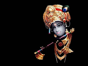Krishna in ornate golden crown and jewelry holding a flute against a black background HD wallpaper