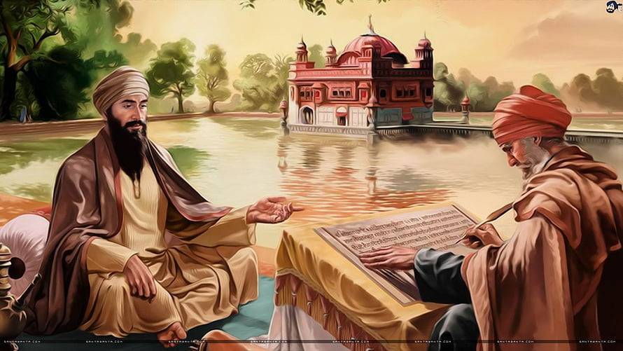 Guru Arjan Dev Ji Teaching Beside a Gurudwara Pond in Traditional Illustration HD wallpaper