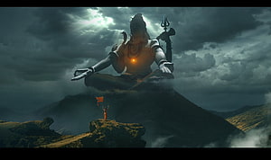 Giant Shiva Statue Meditating on Mountain Peak with Trishul and Devotee HD wallpaper