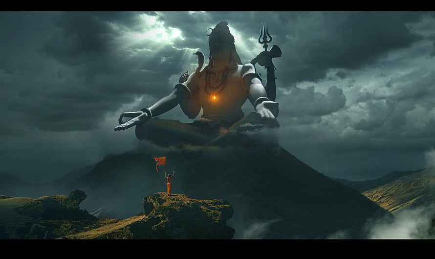 Giant Shiva Statue Meditating on Mountain Peak with Trishul and Devotee HD wallpaper