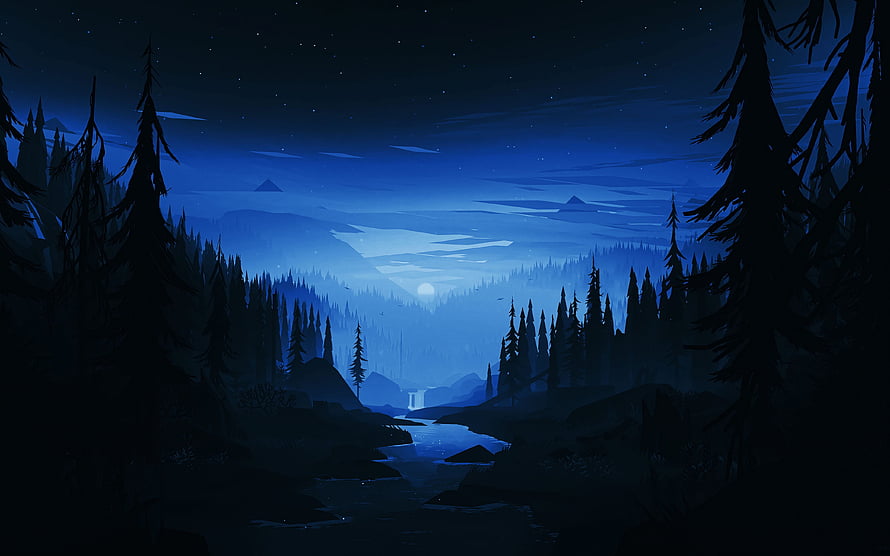 Serene Night Forest Landscape With Moonlit River And Starry Sky HD wallpaper