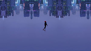 Lone Figure Leaping Through Misty Fog Beneath Inverted Cyberpunk Cityscape HD wallpaper