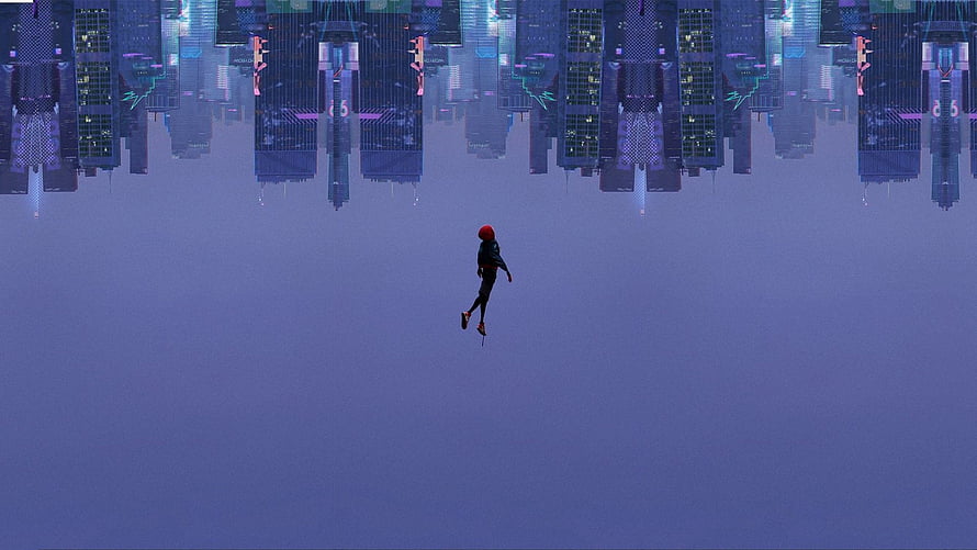 Lone Figure Leaping Through Misty Fog Beneath Inverted Cyberpunk Cityscape HD wallpaper