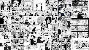 Naruto Manga Panel Collection Featuring Sasuke, Naruto, and Shikamaru in Black and White Comic Art HD wallpaper
