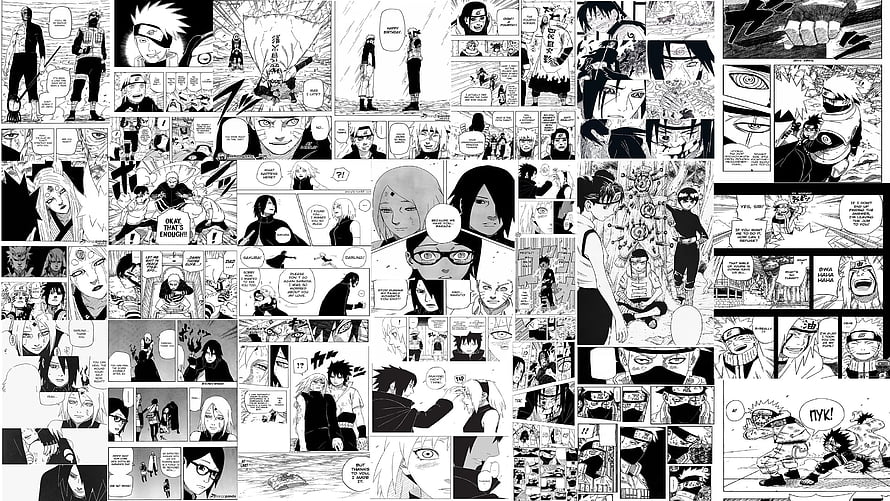 Naruto Manga Panel Collection Featuring Sasuke, Naruto, and Shikamaru in Black and White Comic Art HD wallpaper