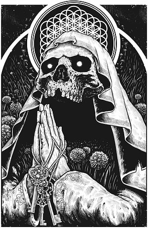 Gothic Skeleton Prayer Illustration With Rosary Keys And Flower Of Life Halo HD phone wallpaper