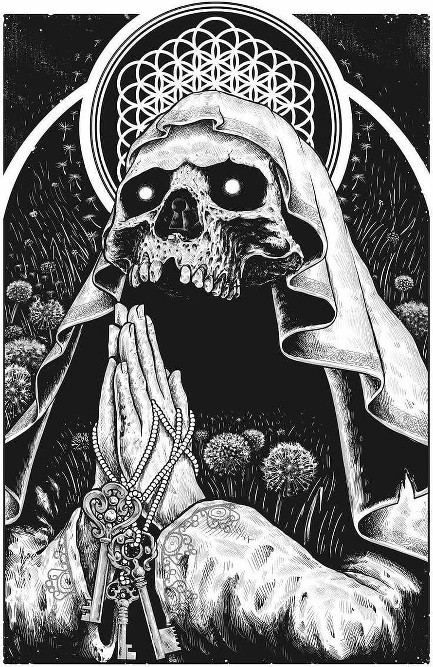 Gothic Skeleton Prayer Illustration With Rosary Keys And Flower Of Life Halo HD phone wallpaper