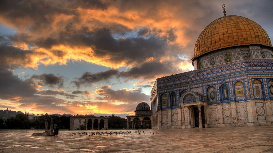 Al-Aqsa Mosque Golden Dome at Sunset with Dramatic Clouds and Islamic Tilework HD wallpaper