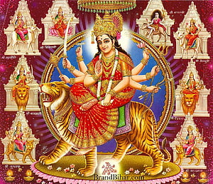 Nav Durga Nav Roop: Nine Forms of Goddess Durga Riding a Tiger in Traditional Indian Art HD wallpaper