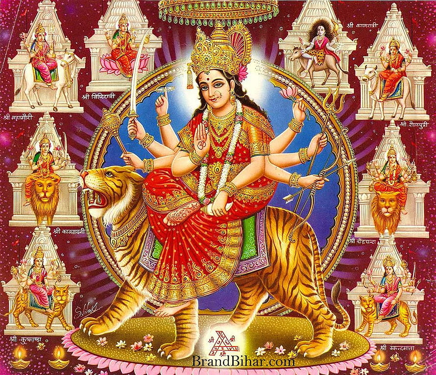 Nav Durga Nav Roop: Nine Forms of Goddess Durga Riding a Tiger in Traditional Indian Art HD wallpaper