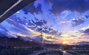 Anime Style Sunset Sky Over Suburban Railway Tracks With Power Lines And Mountains HD wallpaper