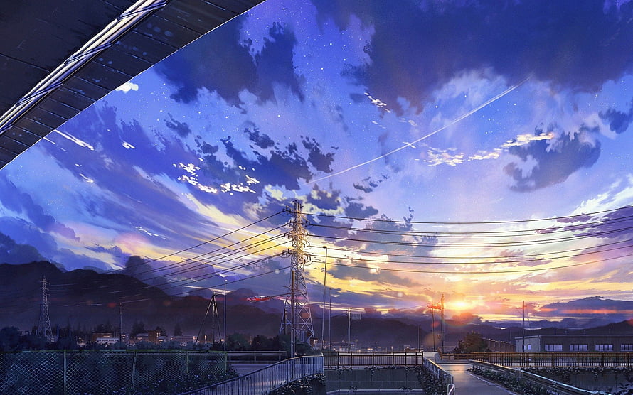 Anime Style Sunset Sky Over Suburban Railway Tracks With Power Lines And Mountains HD wallpaper