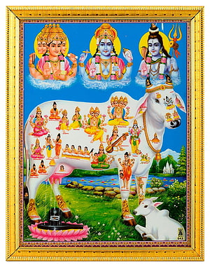 Kamadhenu Holy Cow with Trimurti and Hindu Deities in Traditional Indian Art HD phone wallpaper