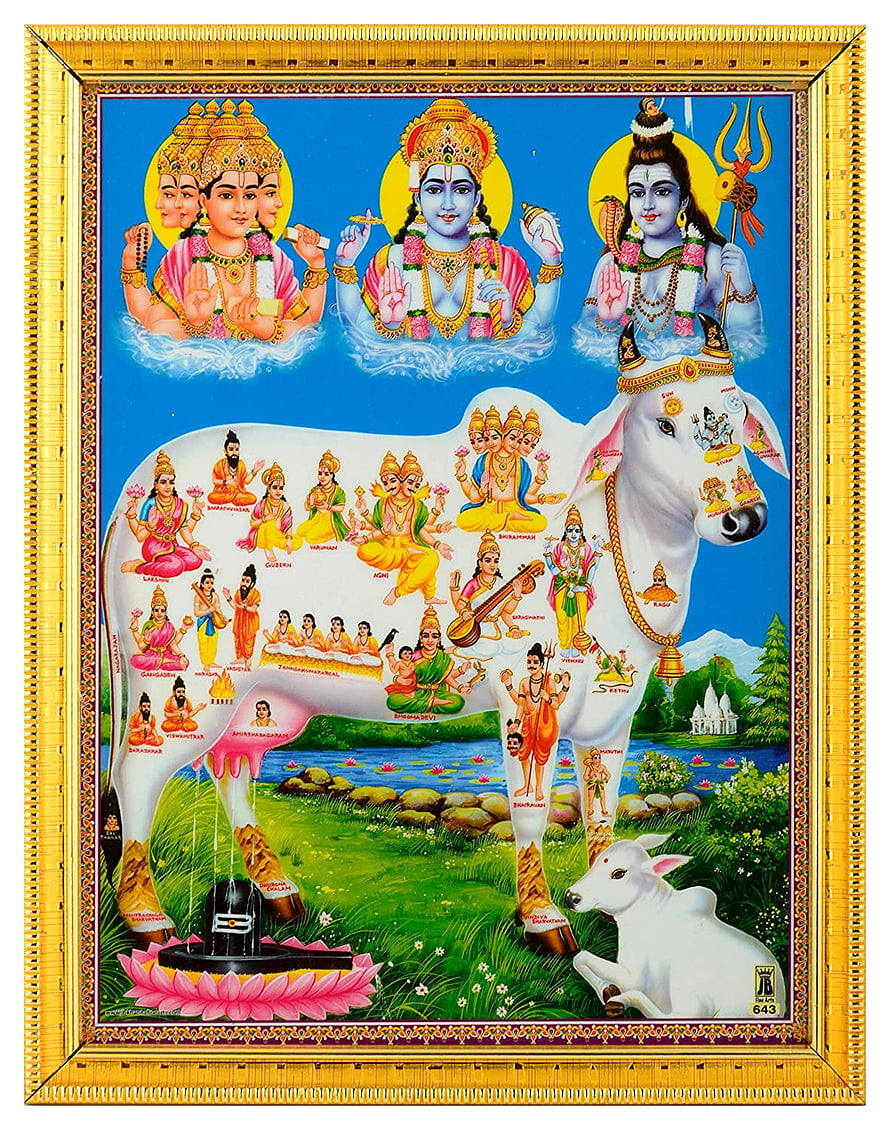Kamadhenu Holy Cow with Trimurti and Hindu Deities in Traditional Indian Art HD phone wallpaper