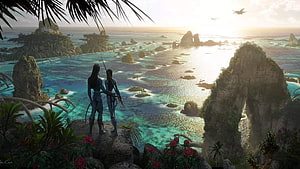 Avatar The Way of Water Na'vi Characters Gazing at Tropical Lagoon at Sunset HD wallpaper