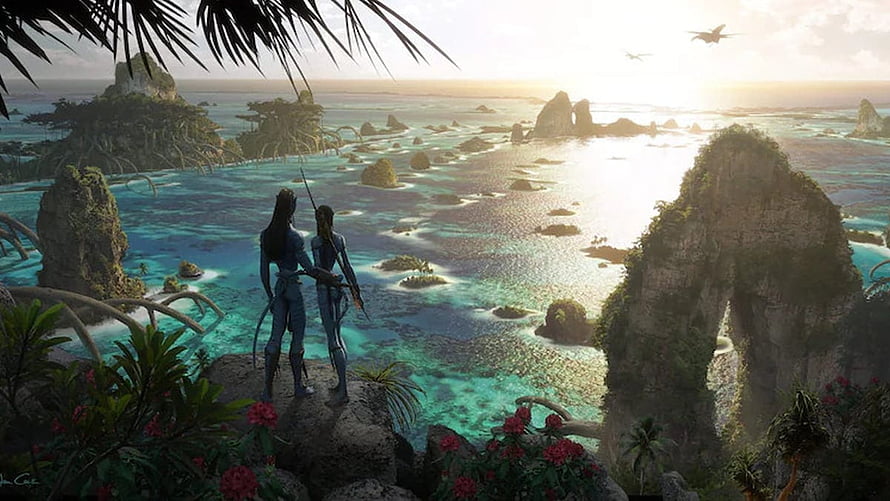 Avatar The Way of Water Na'vi Characters Gazing at Tropical Lagoon at Sunset HD wallpaper