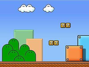Super Mario Bros Classic Level Scene with Question Blocks and Bushes HD wallpaper