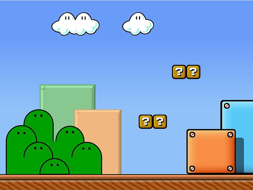 Super Mario Bros Classic Level Scene with Question Blocks and Bushes HD wallpaper