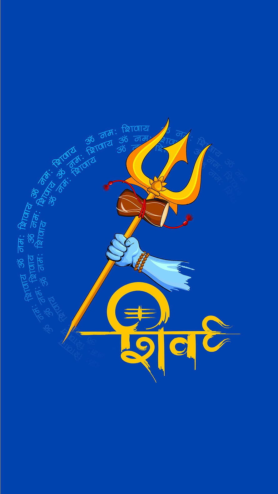 Lord Shiva Trishul and Rudraksha Beads with Om Namah Shivaya Mantra on Blue Background HD phone wallpaper