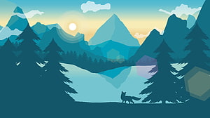 Minimalist Fox in Pine Forest at Sunrise with Mountain Range and Lake HD wallpaper