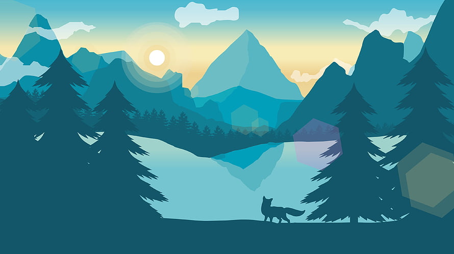 Minimalist Fox in Pine Forest at Sunrise with Mountain Range and Lake HD wallpaper