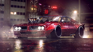 Red Dodge Charger muscle car with supercharger in a rainy urban night scene HD wallpaper