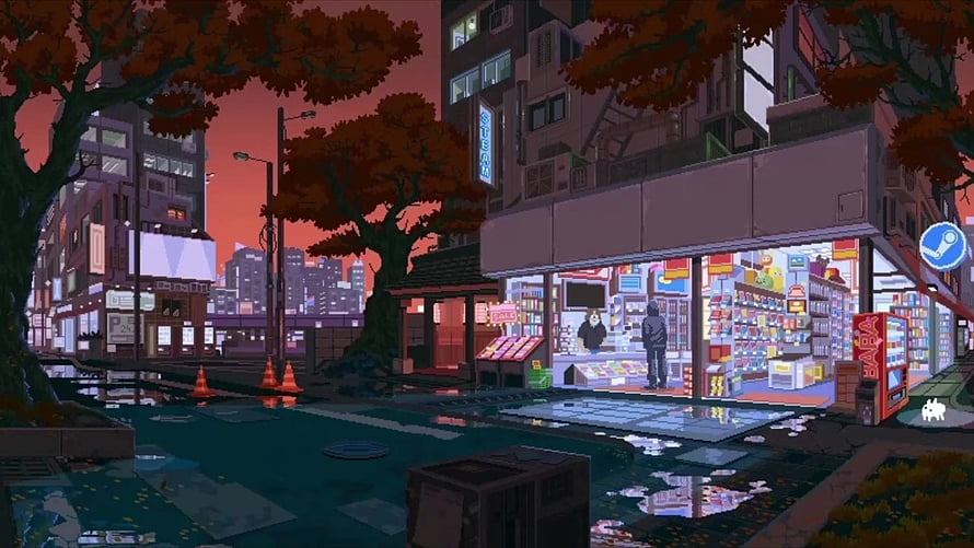Autumn City Street Pixel Art Scene with Convenience Store and Wet Pavement HD wallpaper