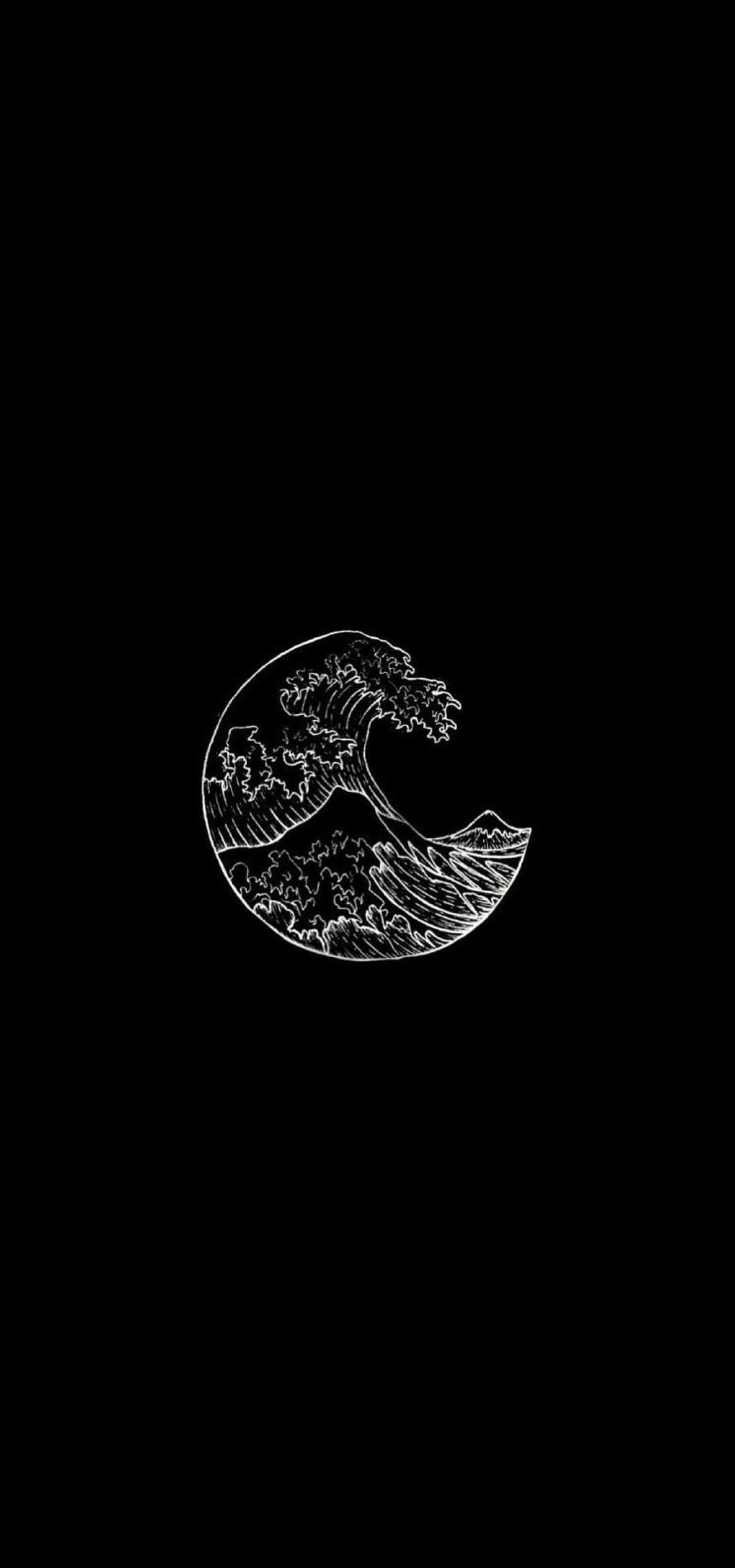 Minimalist White Line Art of The Great Wave off Kanagawa on Black Background HD phone wallpaper