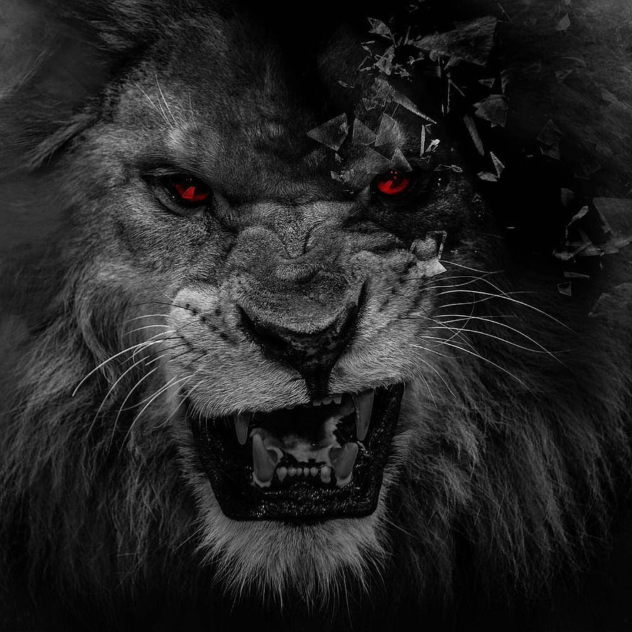 Fierce Black And White Lion With Glowing Red Eyes And Shattered Glass Effect HD phone wallpaper