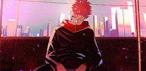 Sukuna Ryomen Anime Character Sitting on Bench with City Skyline Background HD wallpaper