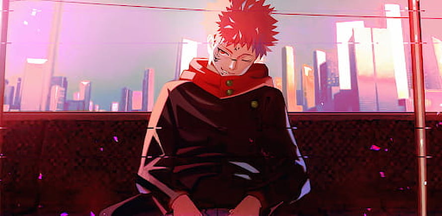 Sukuna Ryomen Anime Character Sitting on Bench with City Skyline Background HD wallpaper