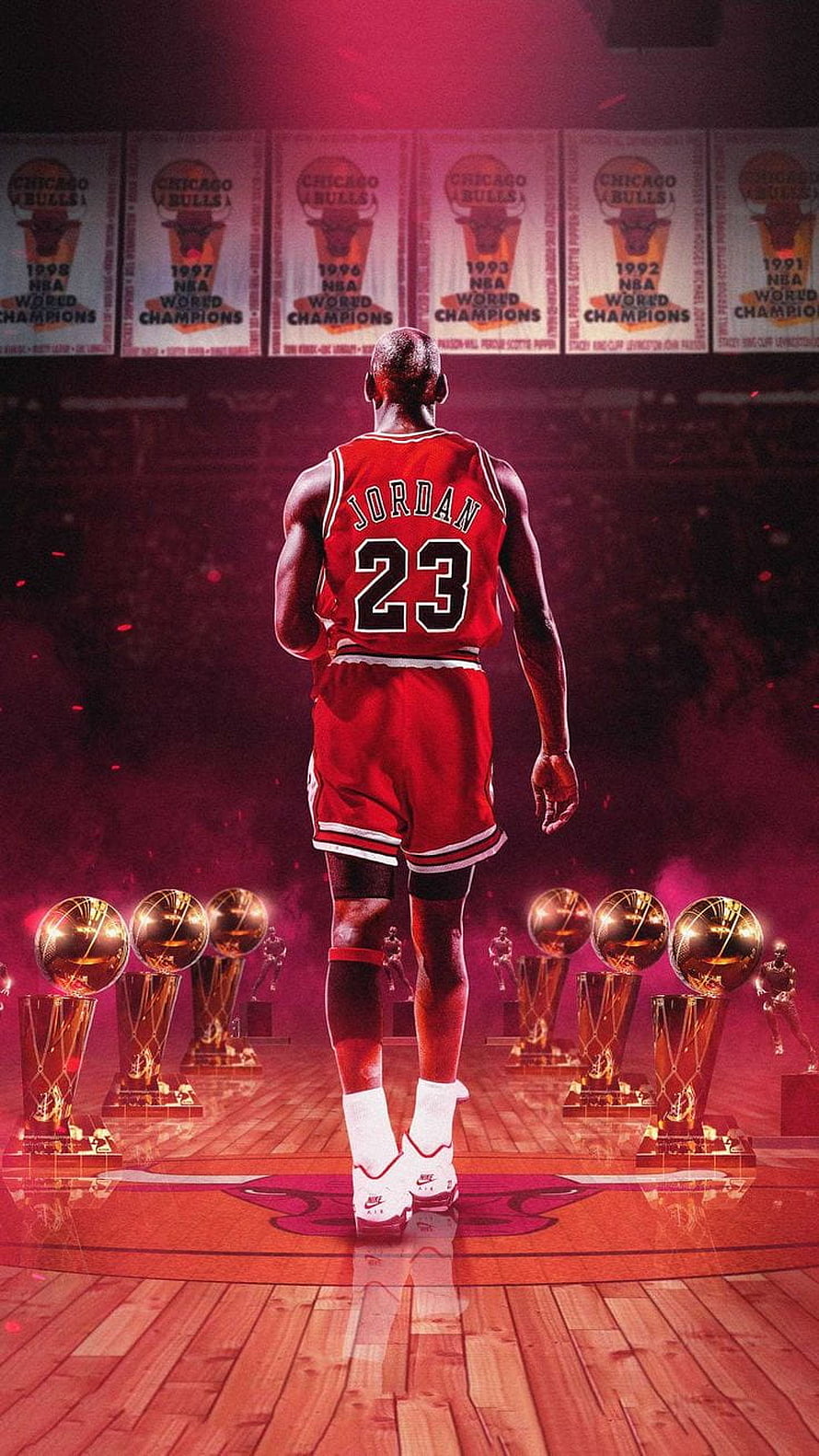 Michael Jordan Chicago Bulls Number 23 Jersey Walking Towards Six NBA Championship Trophies HD phone wallpaper