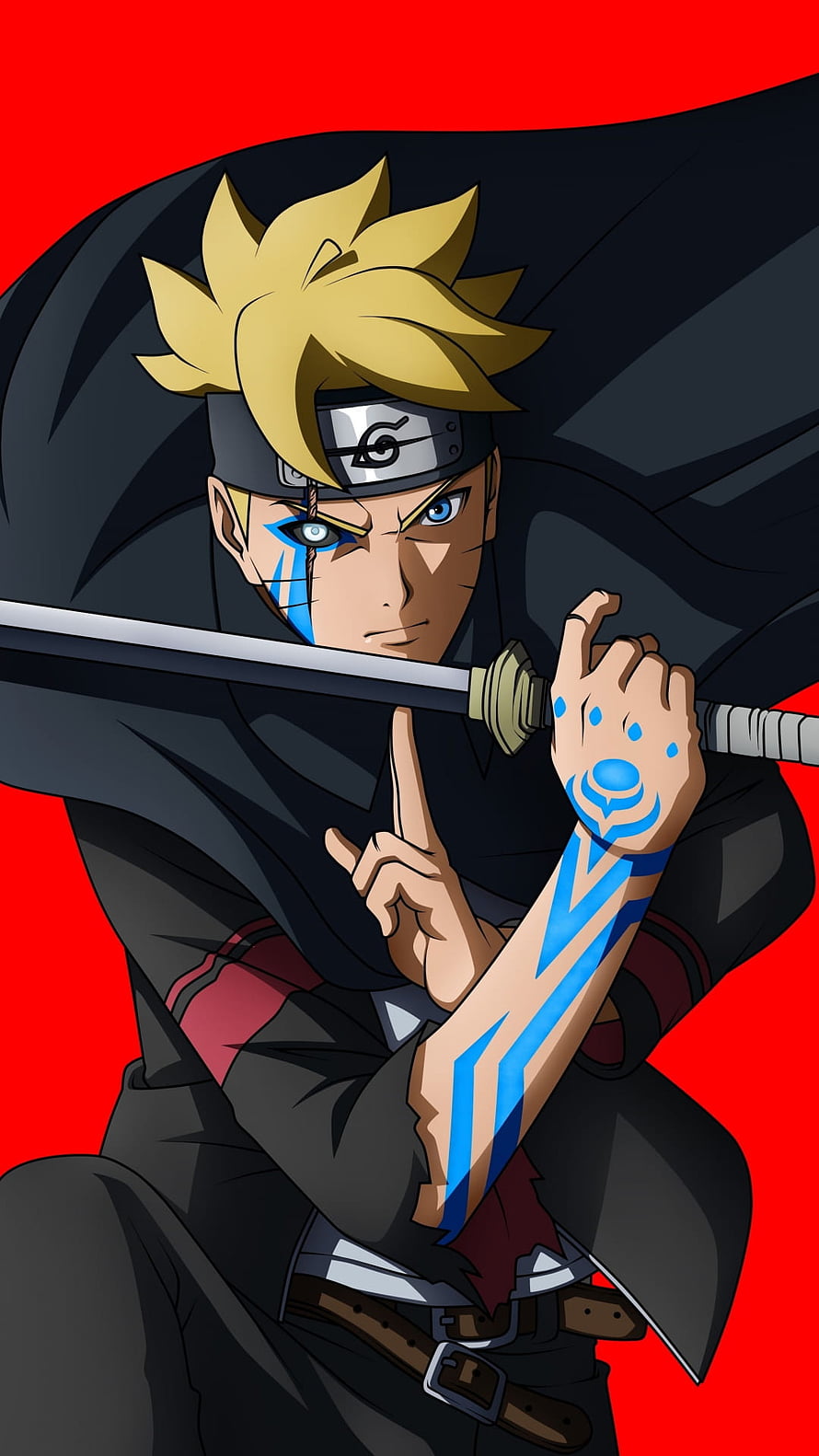 Boruto Uzumaki in Sage Mode Holding Sword Against Red Background HD phone wallpaper