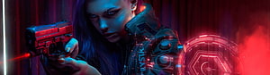 Cyberpunk Woman Aiming Futuristic Pistol with Neon Red and Blue Lighting, Cyberpunk Dual Monitor 3840x1080, 3840x1080 women HD wallpaper