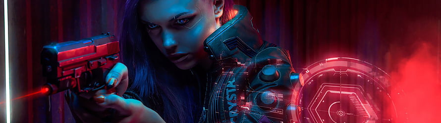 Cyberpunk Woman Aiming Futuristic Pistol with Neon Red and Blue Lighting, Cyberpunk Dual Monitor 3840x1080, 3840x1080 women HD wallpaper