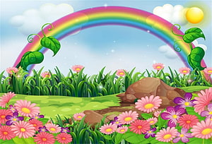 Colorful Cartoon Garden Scene With Rainbow, Flowers, And Sun HD wallpaper