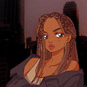 Stylized illustration of a woman with long braids and gold hoop earrings set against a city skyline at dusk, Afro Aesthetic Black Cartoon Characters, pretty black girl cartoon HD phone wallpaper
