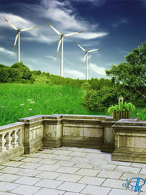 Stone Balcony Overlooking Green Field With Wind Turbines And Blue Sky HD phone wallpaper