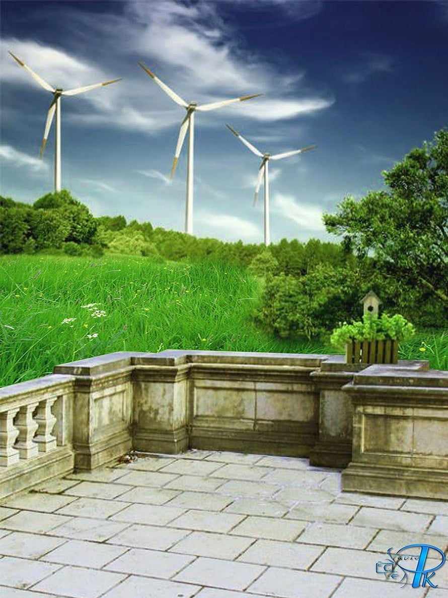 Stone Balcony Overlooking Green Field With Wind Turbines And Blue Sky HD phone wallpaper