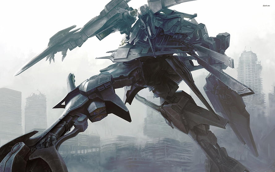 Armored Core Mecha Concept Art in a Hazy Post-Apocalyptic City HD wallpaper