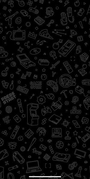 Retro Gaming Icons Pattern Wallpaper with Controllers, Consoles, and Arcade Elements on Black Background HD phone wallpaper