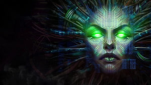 Shodan AI Face with Glowing Green Eyes and Circuit Patterns in Dark Sci-Fi Setting HD wallpaper