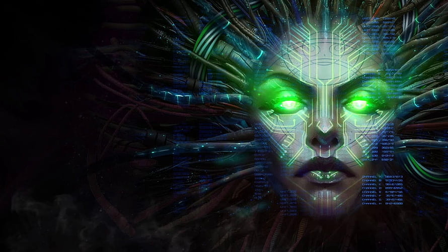Shodan AI Face with Glowing Green Eyes and Circuit Patterns in Dark Sci-Fi Setting HD wallpaper