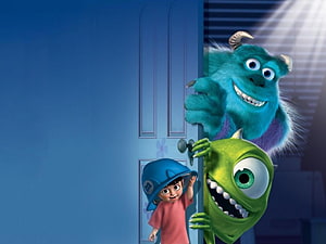 Monsters Inc. Sully Mike Wazowski and Boo Peeking Through a Doorway in a Blue Room HD wallpaper
