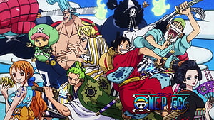 One Piece Wano Country Crew Illustration with Luffy, Zoro, Nami, and Sanji in Dynamic Action Pose HD wallpaper