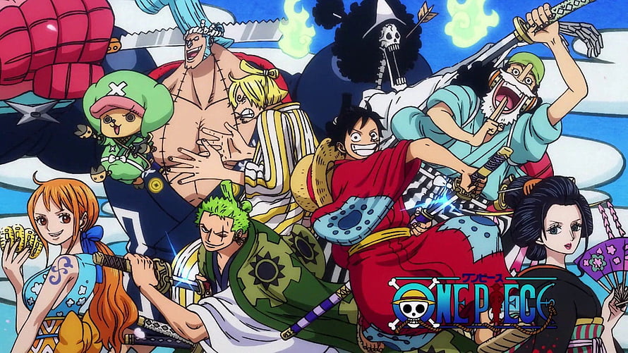 One Piece Wano Country Crew Illustration with Luffy, Zoro, Nami, and Sanji in Dynamic Action Pose HD wallpaper