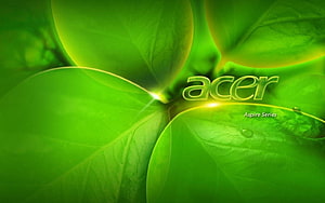 Acer Aspire Series Green Leaf Macro Wallpaper with Water Droplets and Brand Logo HD wallpaper
