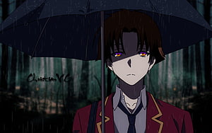 Shu Itsuki from The Eminence in Shadow holding an umbrella in the rain HD wallpaper