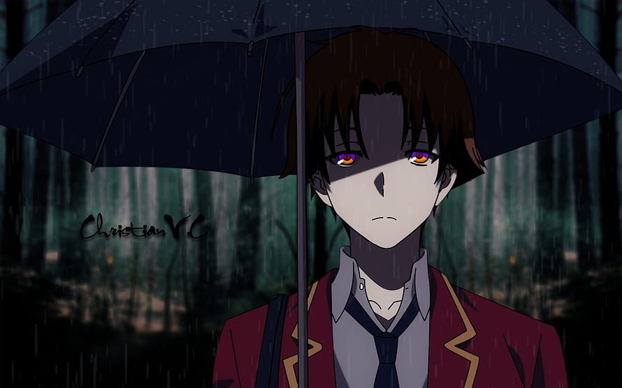Shu Itsuki from The Eminence in Shadow holding an umbrella in the rain HD wallpaper