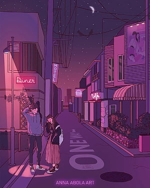 Lofi Anime Couple Walking Through Neon-Lit Night Street with Diner and Cafe Signs HD phone wallpaper